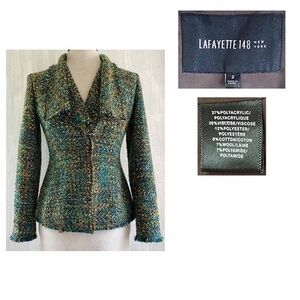 Lafayette 148 Women Sz 2 Drape Shawl Collar Green Multi Fantasy Tweed Jacket EUC